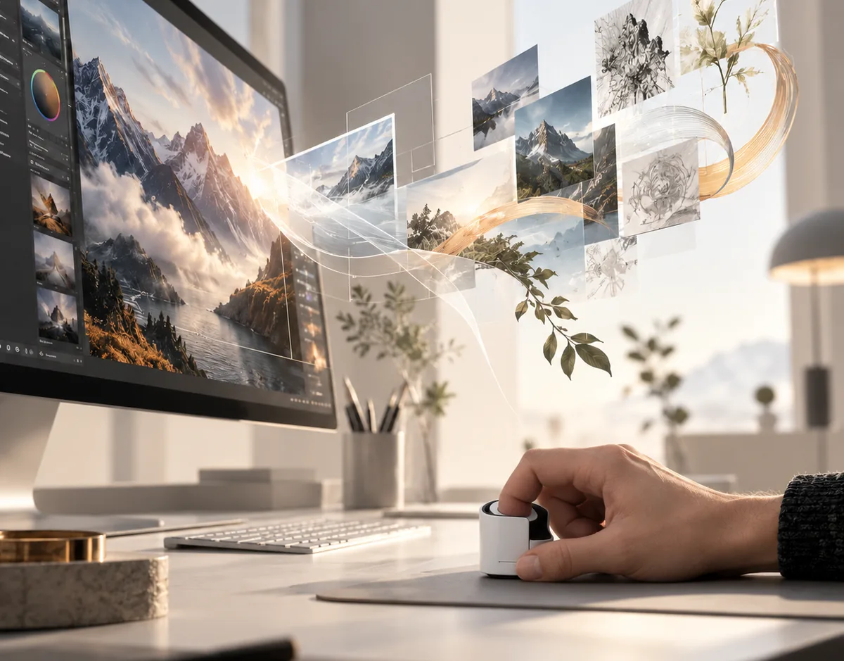 Relaxed hand on Z-E PRO™ at a desk, images flowing out of the screen