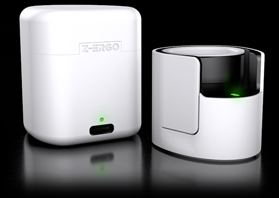 Z-ERGO Pocket Precision Mouse™ beside its USB-C charging case