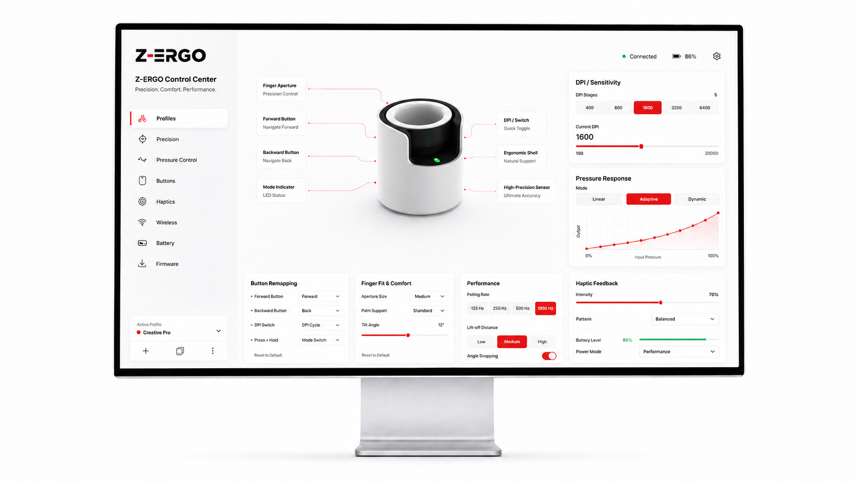Z-ERGO mouse interface layout — pressure sensor, haptic scroll, thumb slider