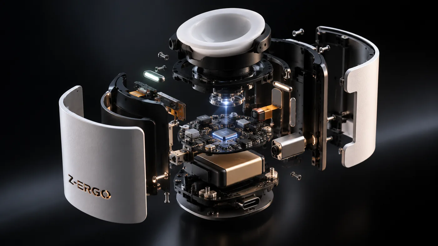 Exploded view of Z-E PRO™: sensor, board, battery, switches and shell